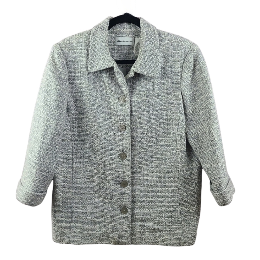 Alfred Dunner Tweed Blazer Jacket Gray White 3/4 Sleeve 5 Button Closure Size 14